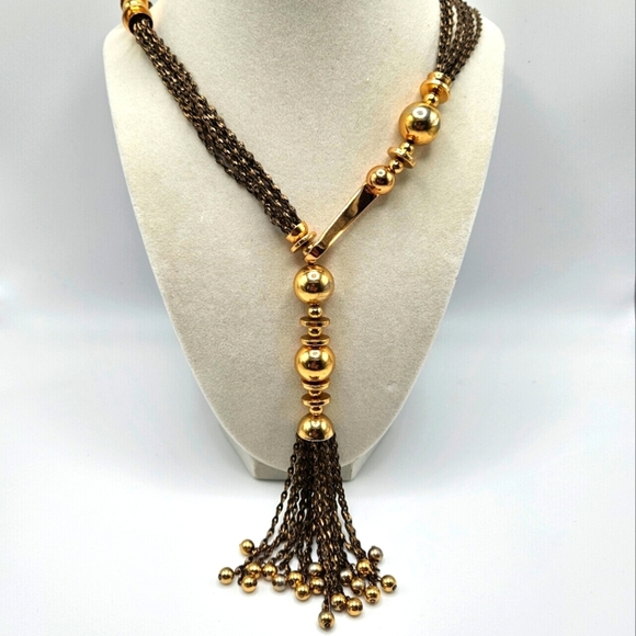 VINTAGE Stella & Dot Bianca Tassel Gold-Tone & Gunmetal Chunky Lariat Necklace - Picture 1 of 6